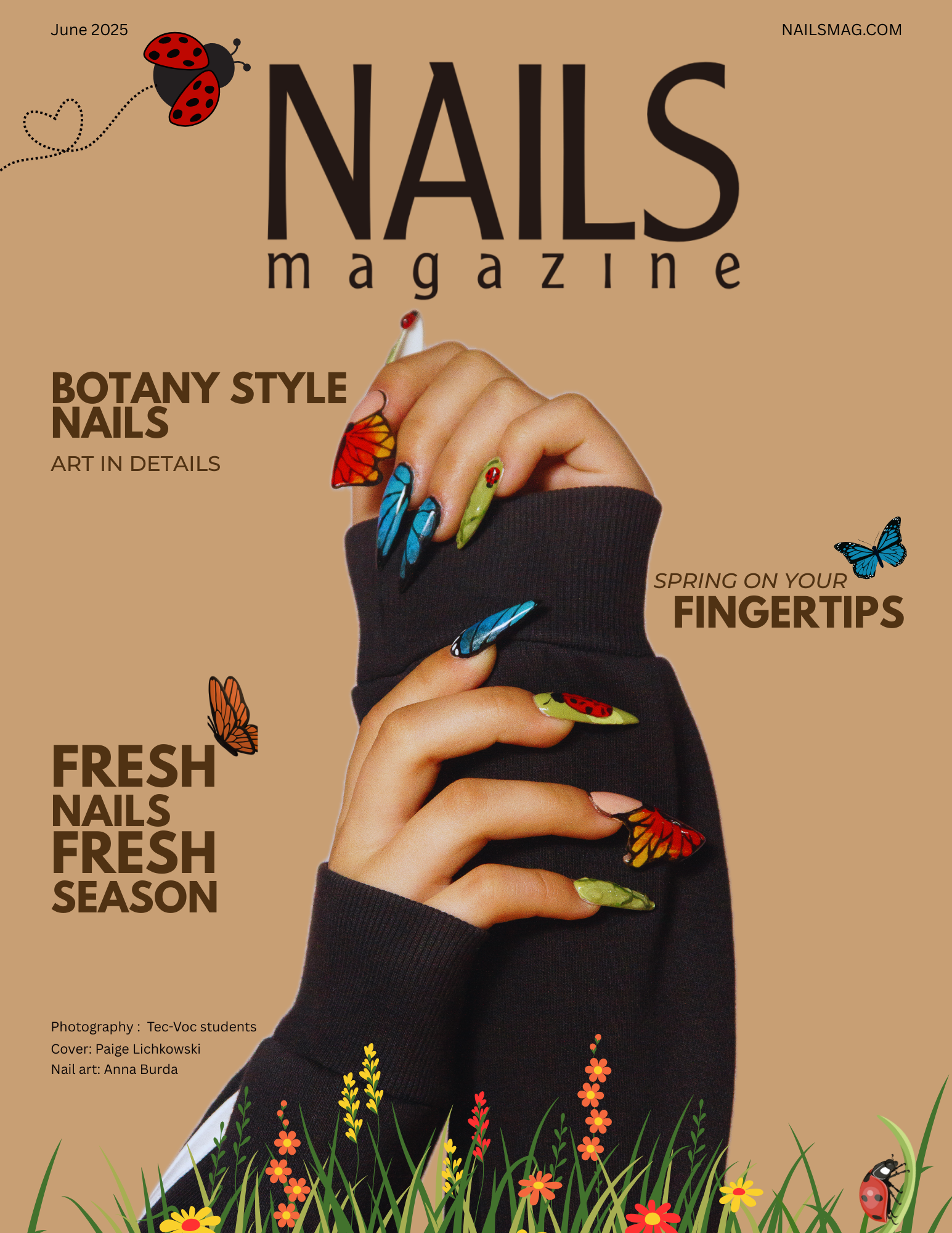 A stylized magazine cover featuring a hand with colorful, nature-themed nail art, including butterflies and ladybugs, against a beige background with floral graphics.