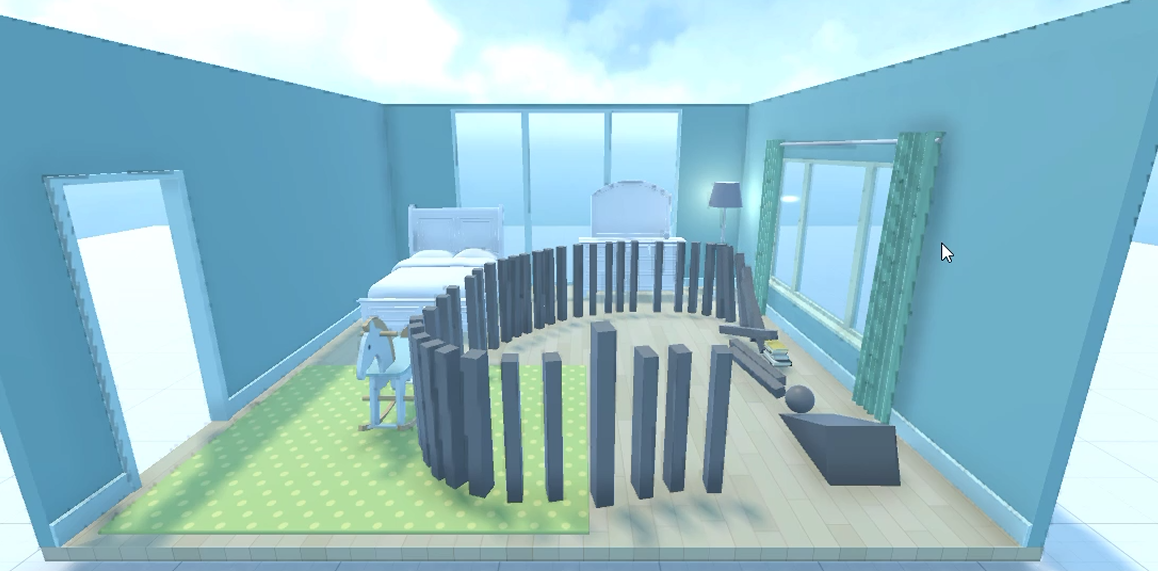 A 3D bedroom scene created in Unity featuring a bed, rocking horse, window, and a circular arrangement of tall domino-like blocks in the center.