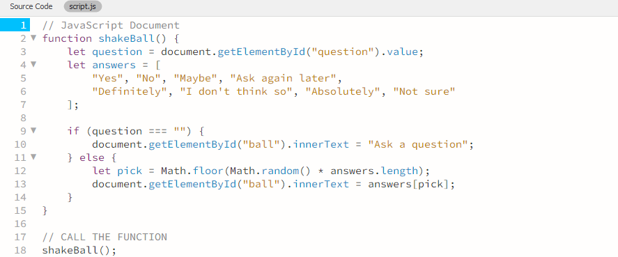 Screenshot of JavaScript code for a Magic 8 Ball program